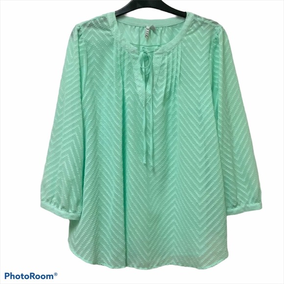 Elle Mint Green Sheer Chevron Blouse L - Picture 1 of 5